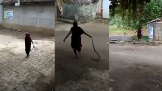 Yürekleri ağızlara getiren görüntü! Yaşlı kadın dev kobrayı böyle taşıdı